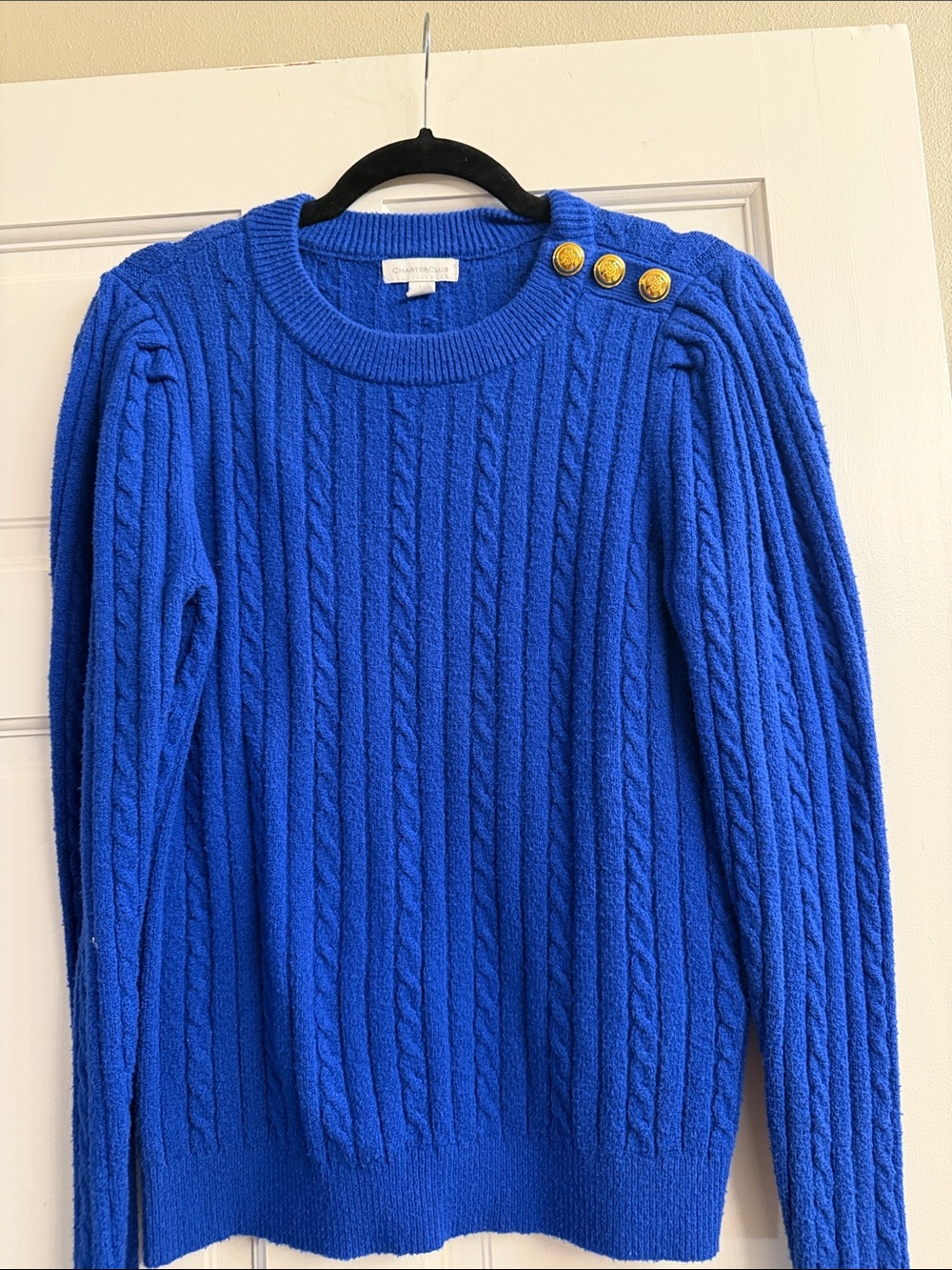 Charter club  Cobalt Blue Cable-Knit Crew Sweater with Gold Buttons